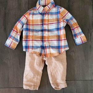JANIE AND JACK 6-12 MONTHS Button Up And Pants Linen Cotton Plaid Khaki